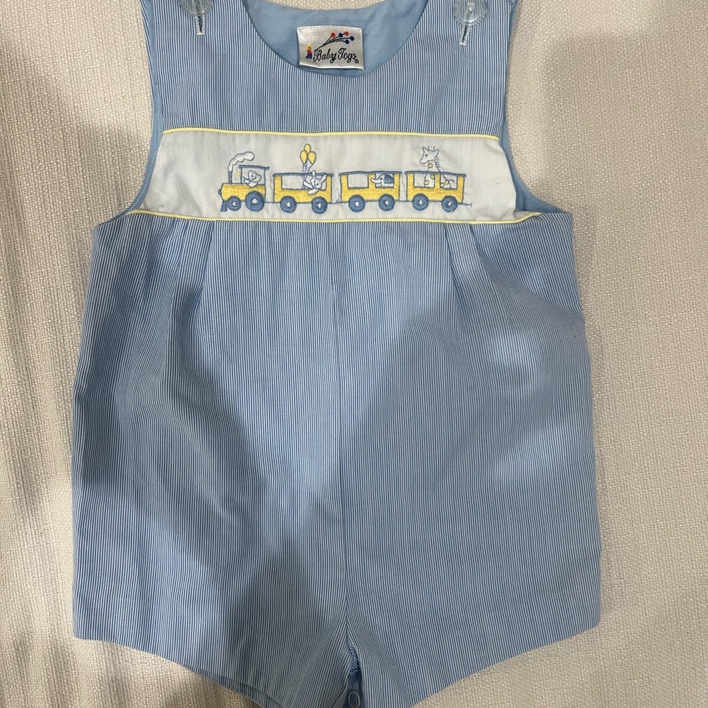 Vintage Blue Baby Romper with Train Embroidery